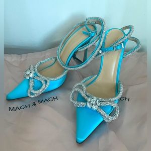MACH & MACH satin rhinestone blue heels double bow
